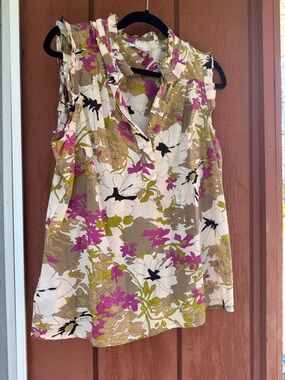 LOFT Silk Blend Sleeveless Floral V-Neck Camisole - Pink, Tan & White
